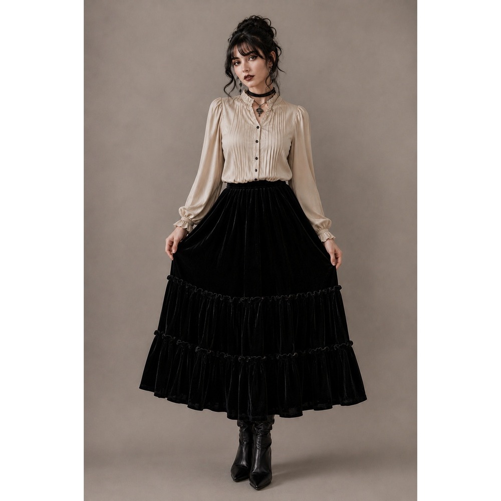 Maggie Barnes Black Velvet Tiered Midi Skirt Whimsigoth Gothic Witchy Boho M/L